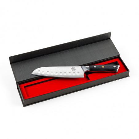 Couteau Santoku en acier Damas avec un manche en composite noir de notre gamme signature