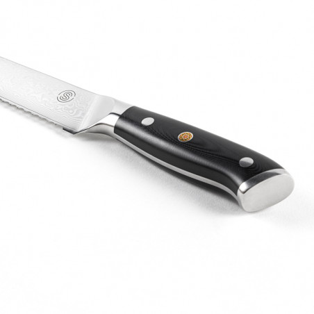 Couteau à pain d'une lame de 9" en acier damas de notre gamme signature