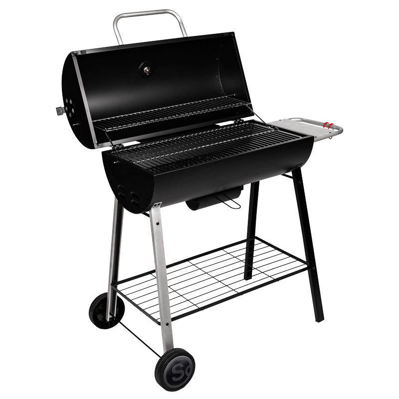 Barbecue charbon de bois tonneau avec couvercle ouvert