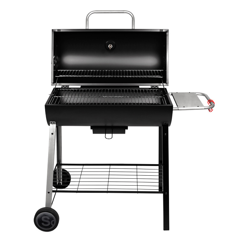 Barbecue charbon de bois tonneau avec couvercle ouvert