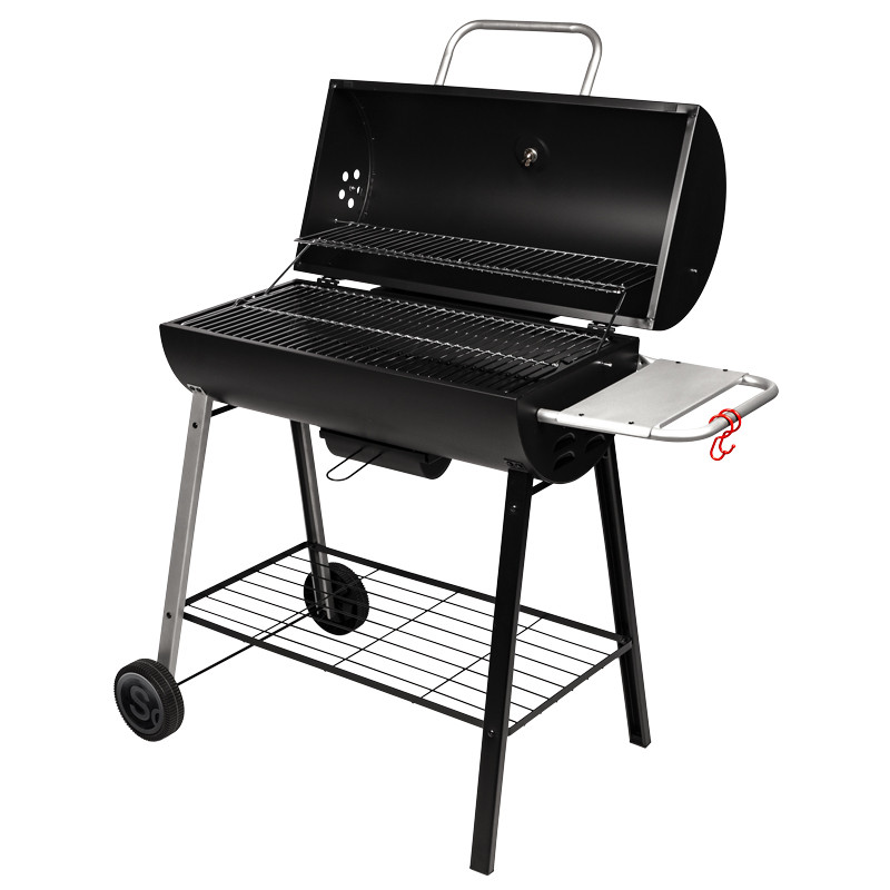 Barbecue charbon de bois tonneau avec couvercle ouvert