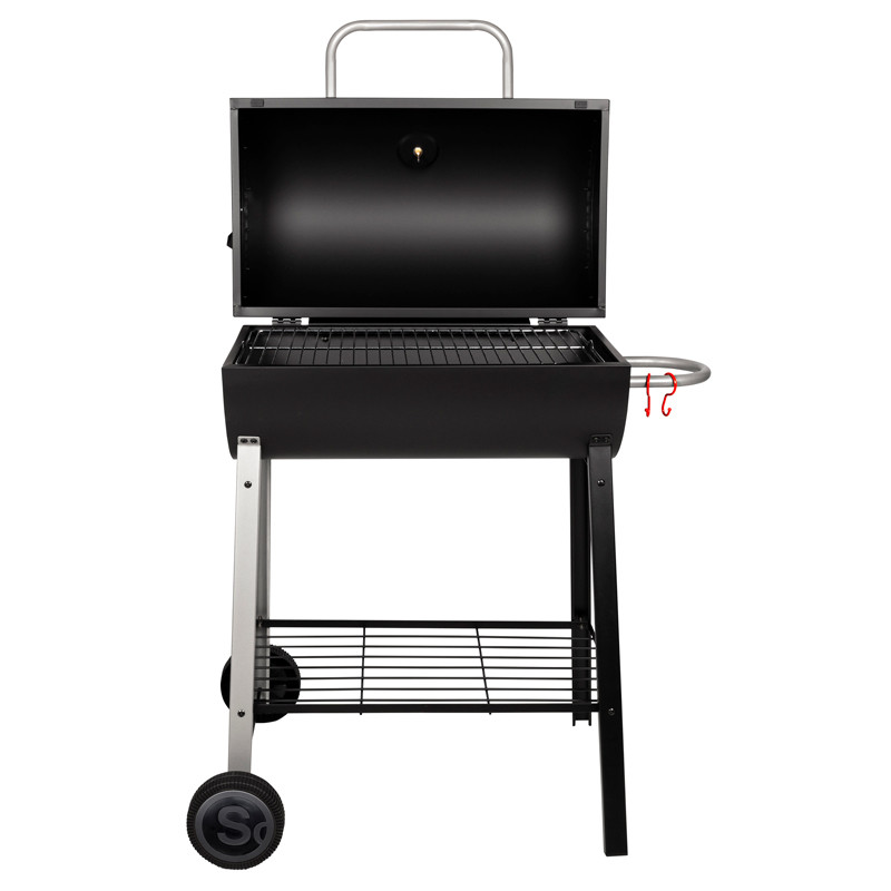 Barbecue charbon de bois tonneau avec couvercle ouvert