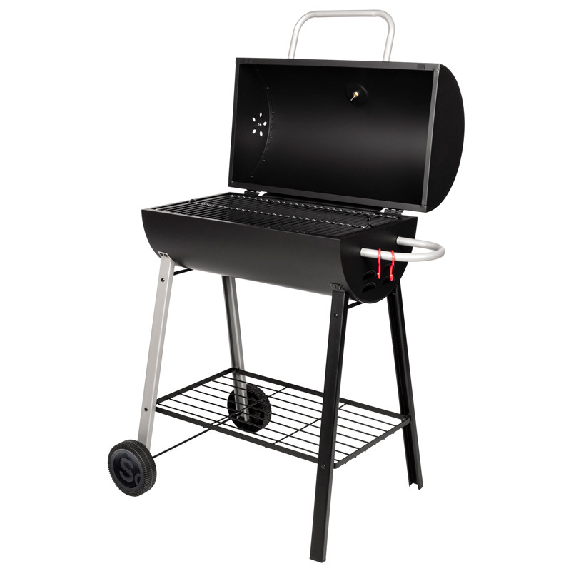 Barbecue charbon de bois tonneau avec couvercle ouvert