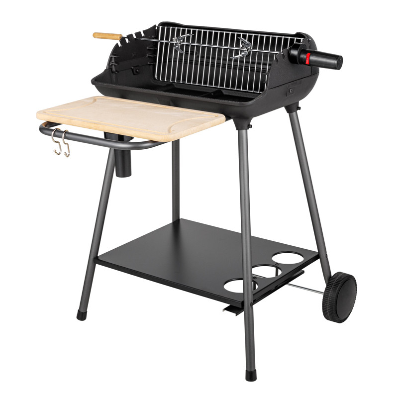 barbecue charbon de bois option tournebroche ou grille avec soufflerie et planche en bois amovible