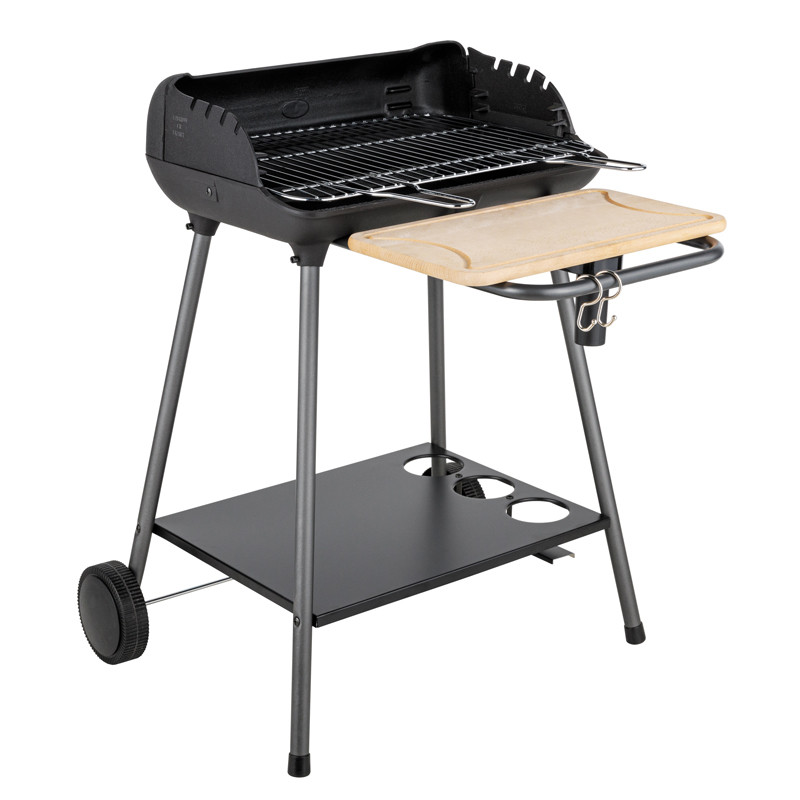 barbecue charbon de bois option tournebroche ou grille avec soufflerie et planche en bois amovible
