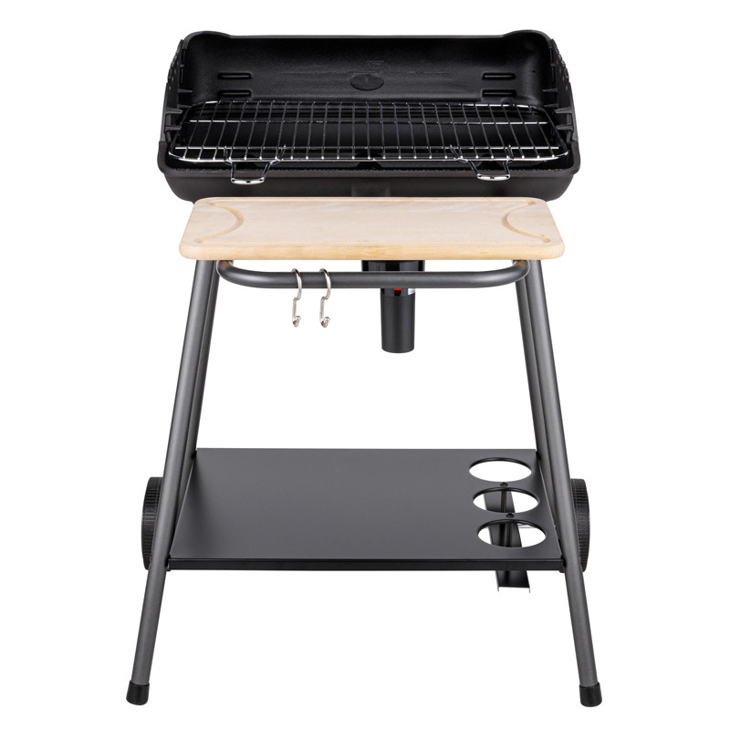 barbecue charbon de bois option tournebroche ou grille avec soufflerie et planche en bois amovible