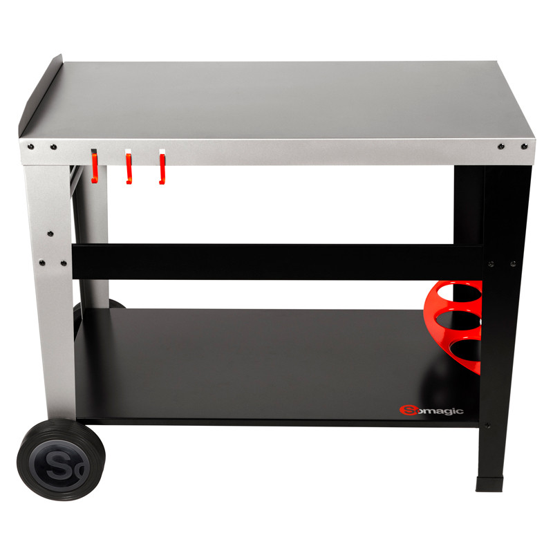 Desserte pour plancha avec crochets porte accessoires et porte-bouteilles