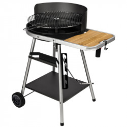 Barbecue a charbon de bois sur roues avec système de crémaillère tablette bambou et soufflerie