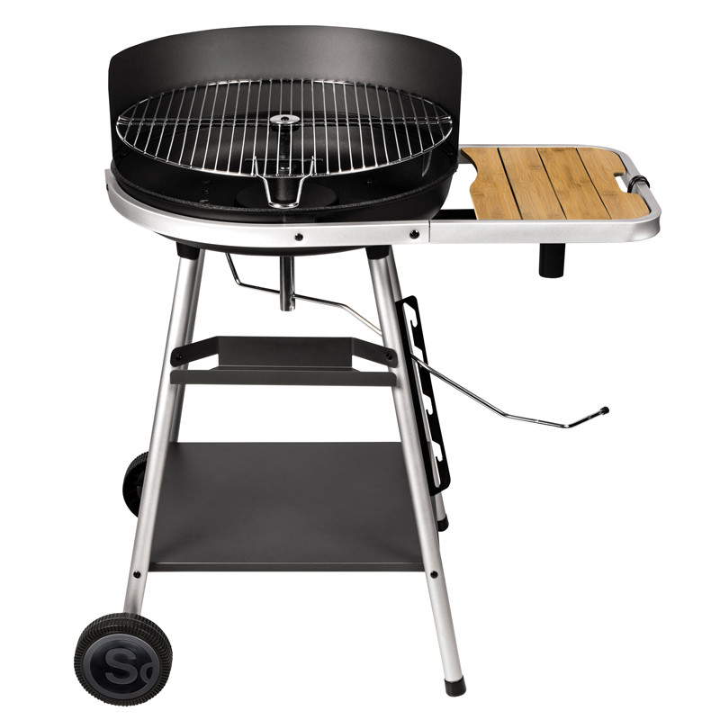 Barbecue a charbon de bois sur roues avec système de crémaillère tablette bambou et soufflerie