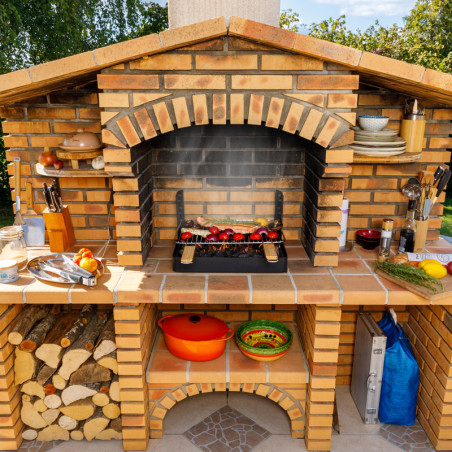 Insert charbon de bois cuisson grill installé dans barbecue béton fixe Insert charbon de bois cuisson grill installé dans barbecue béton fixe